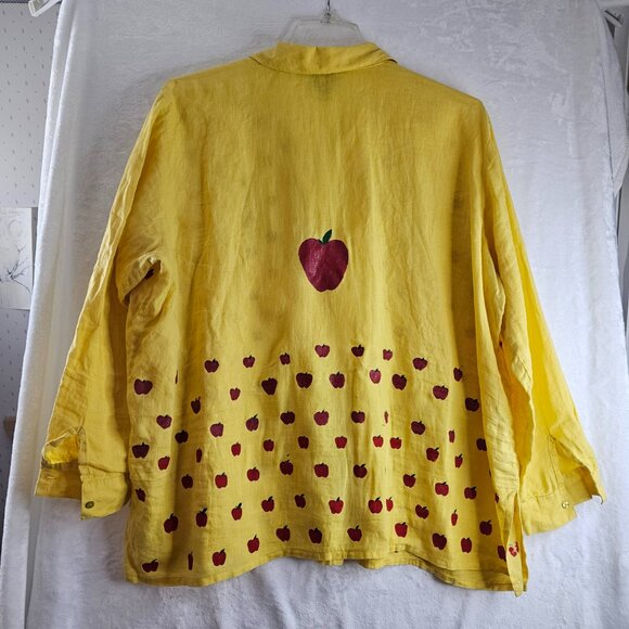 Eileen Fisher Yellow Button Up Top 100% Irish Linen Hand Painted Red Apples XL - Picture 2 of 16
